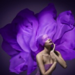 Woman Beauty Face with Silk Cloth, Fashion Model Waving Fabric Purple Flower
